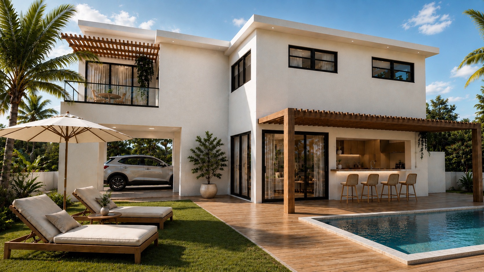 Villa exterior con piscina y pérgola